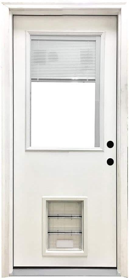 Steves & Sons 36 in. x 80 in. Reliant Series Clear Mini-Blind LHIS White Primed Fiberglass Prehung Front Door with Large Pet Door