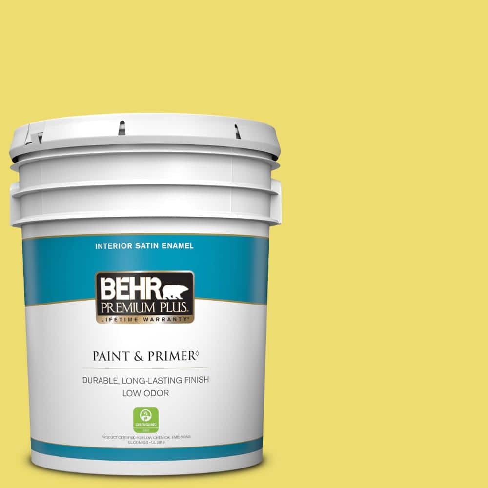 BEHR PREMIUM PLUS 5 Gal. #T15-15 Plastic Lime Satin Enamel Low Odor Interior Paint & Primer