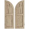 Ekena Millwork 18 in. x 48 in. Polyurethane Hand Hewn Two Equal Flat Panel with Quarter Round Arch Top Faux Wood Shutters Primed Tan