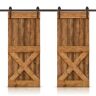 CALHOME Mini X 60 in. x 84 in. Walnut Stained DIY Solid Knotty Pine Wood Interior Double Sliding Barn Door with Hardware Kit