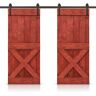 CALHOME Mini X 60 in. x 84 in. Cherry Red Stained DIY Solid Pine Wood Interior Double Sliding Barn Door with Hardware Kit