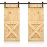 CALHOME Mini X 60 in. x 84 in. Unfinished Stained DIY Solid Pine Wood Interior Double Sliding Barn Door with Hardware Kit