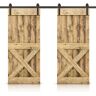 CALHOME Mini X 60 in. x 84 in. Weather Oak Stained DIY Solid Pine Wood Interior Double Sliding Barn Door with Hardware Kit