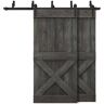 CALHOME 60 in. x 84 in. Mini X-Bypass Carbon Gray Stained DIY Solid Wood Interior Double Sliding Barn Door with Hardware Kit