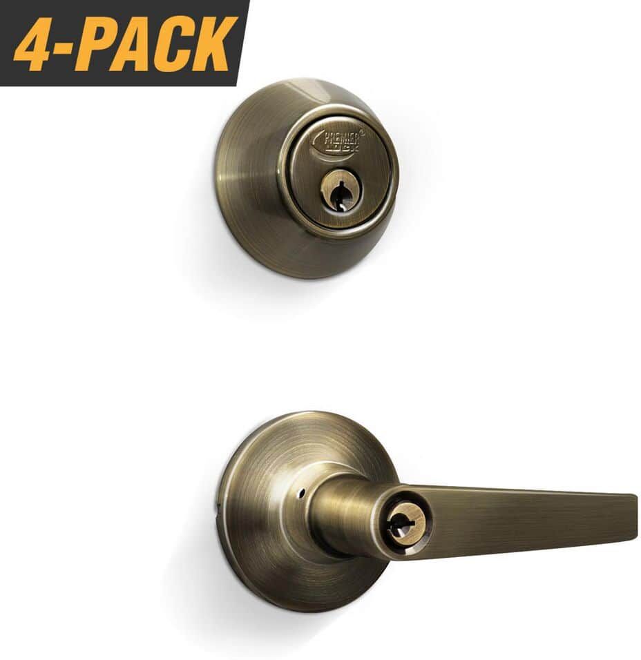 Premier Lock Antique Brass Entry Lock Set Door Lever Handle and Deadbolt Keyed Alike KW1 Keyway. 16 Total Keys, Keyed Alike by Set