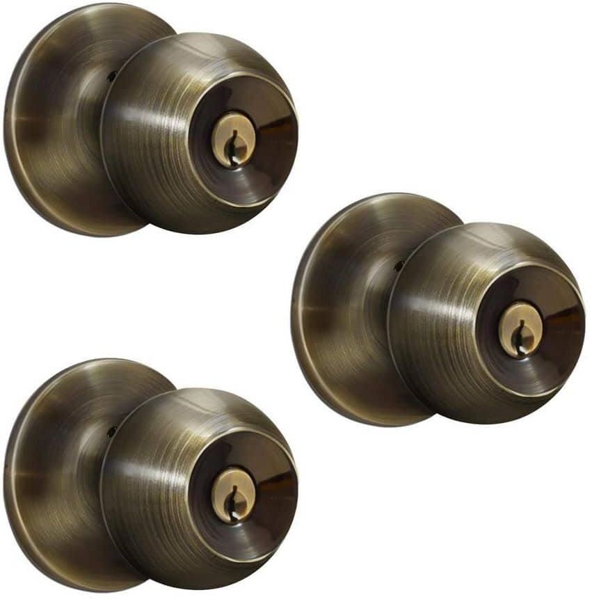 Premier Lock Antique Brass Entry Door Knob with 6 KW1 Keys (3-Pack, Keyed Alike)