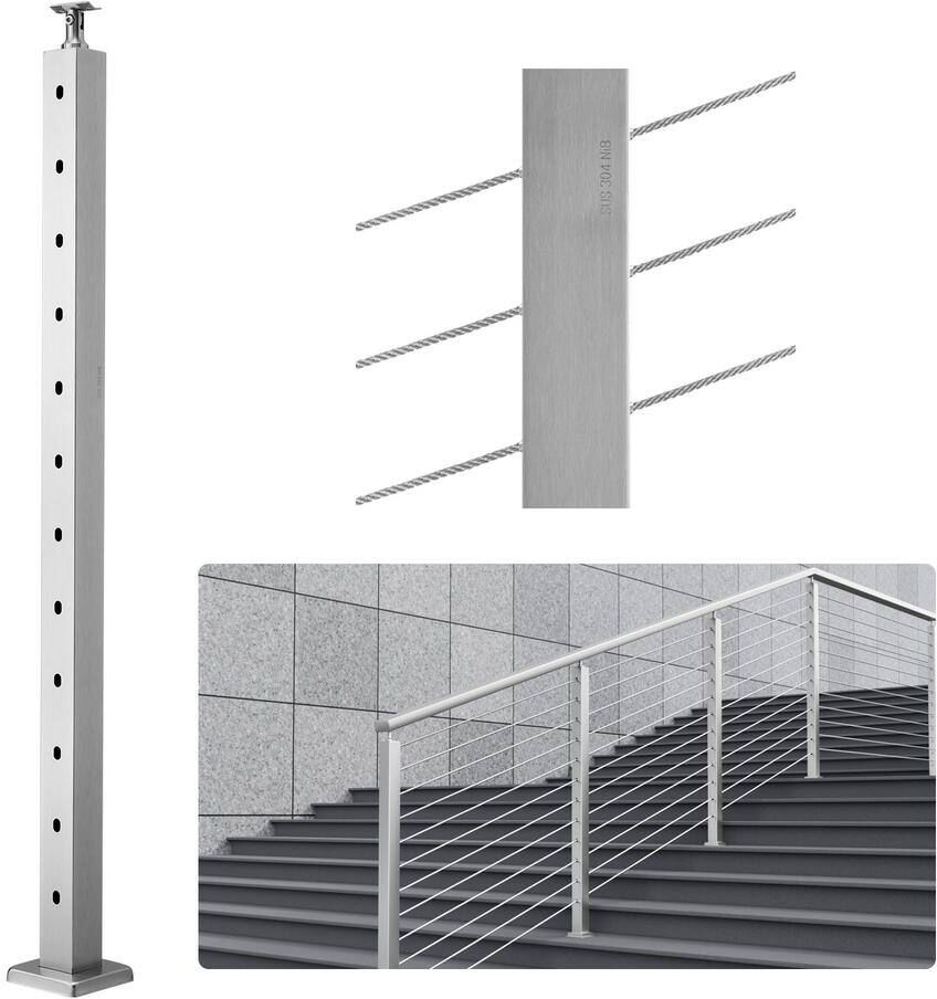 VEVOR Cable Railing Post 42 in. L x 2 in. W x 2 in. H 30° Angled Hole Stair Railing Post SUS304 Stainless Steel Rail Post