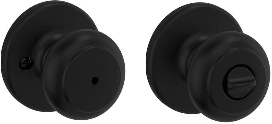 Kwikset Cove Matte Black Privacy Door Knob with Lock for Bedroom or Bathroom featuring Microban Technology