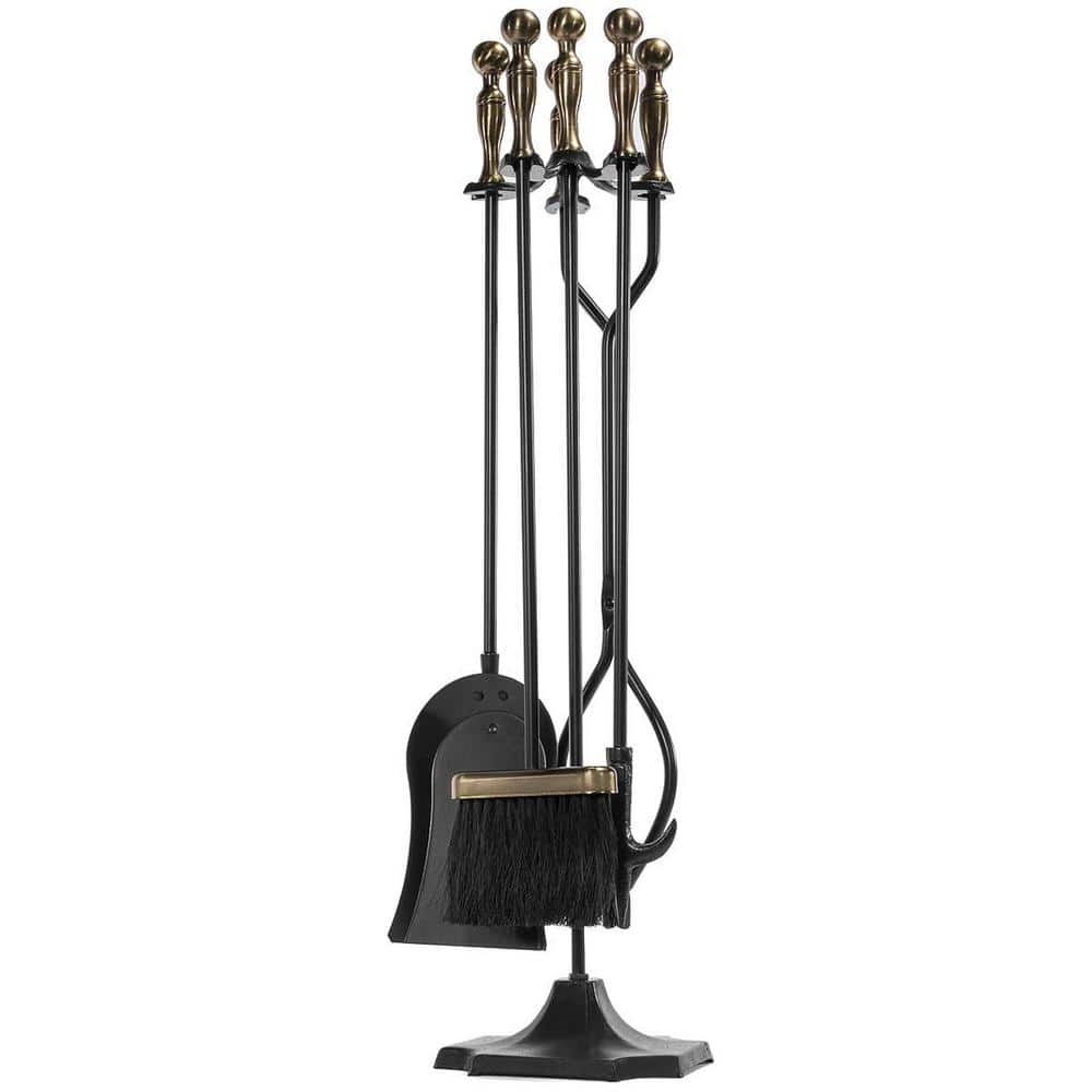 Barton 31 in. 5-Piece Bronze Cast Iron Ball Handle Fireplace Hearth Tool Set with Base Stand