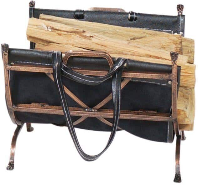 UniFlame Antique Copper Finish Firewood Rack with Handcrafted Black Leather Carrier