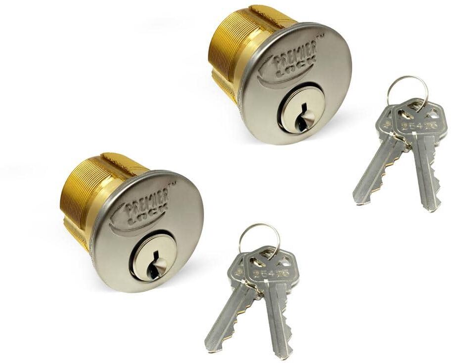 Premier Lock 15/16 in. Solid Brass Mortise Cylinder with Stainless Steel Finish, KW1 (Pack of 2, Keyed Alike)