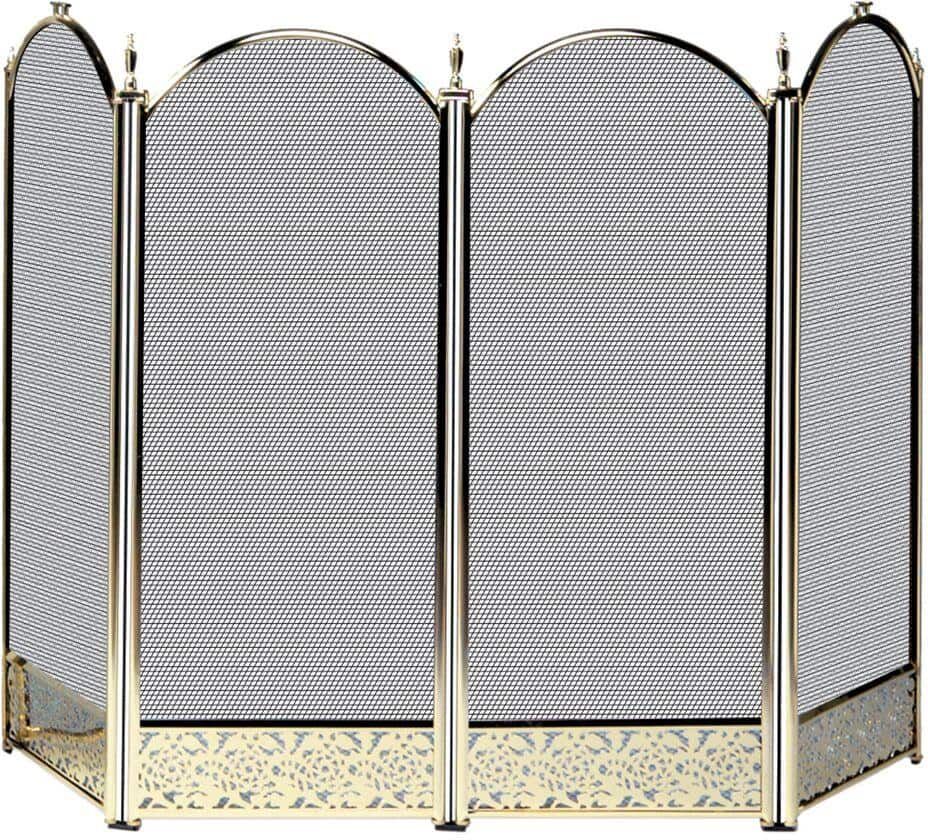 UniFlame Polished Brass 52 in. W 4-Panel Steel Frame Fireplace Screen with Decorative Filigree and Heavy Guage Mesh