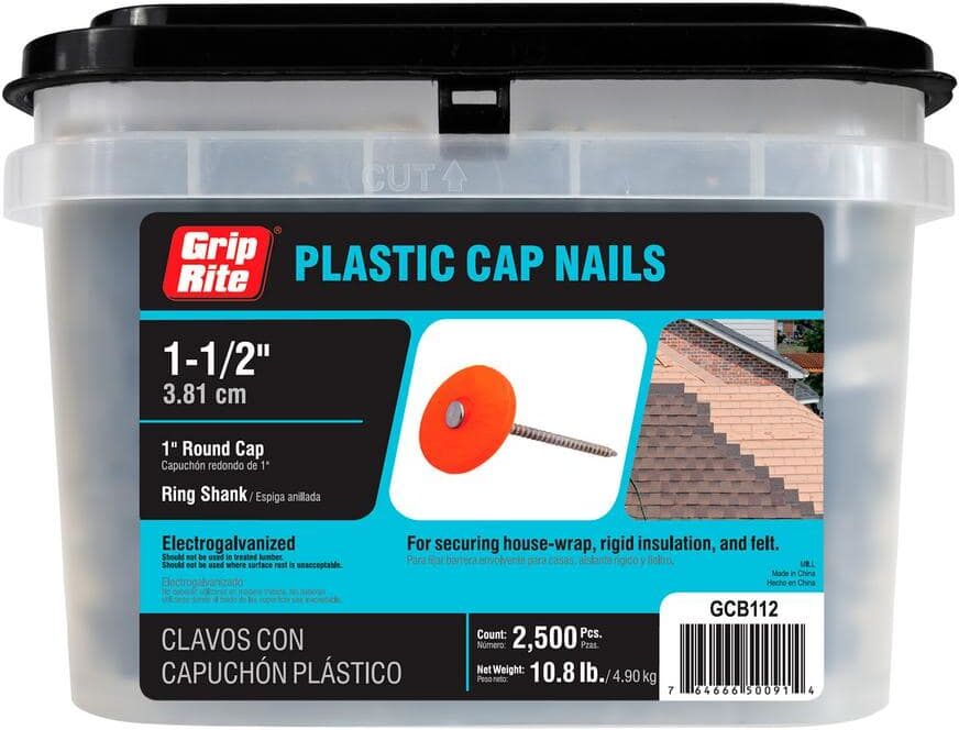 Grip-Rite #12 x 1-1/2 in. Plastic Round Cap Roofing Nail (2,500-Pack)