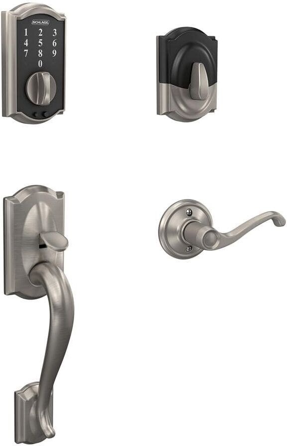 Schlage Camelot Satin Nickel Electronic Touch Keyless Deadbolt with Thumbturn and Entry Door Handle with Left-Hand Flair Handle