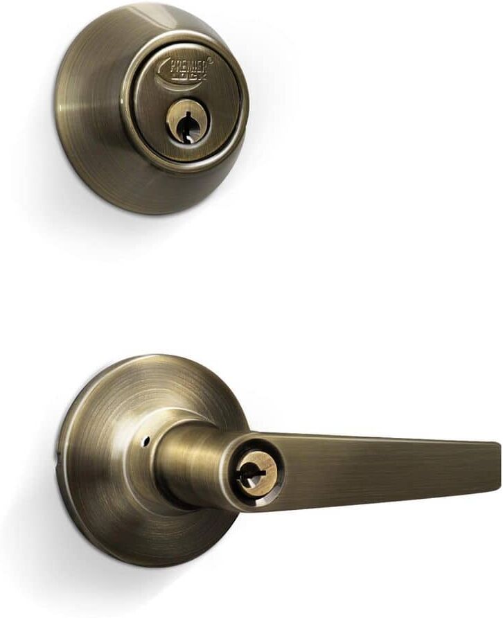 Premier Lock Antique Brass Entry Lock Set Lever Handle and Deadbolt Keyed Alike KW1 Keyway 4 Total Keys, Keyed Alike