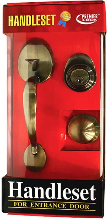 Premier Lock Antique Brass Single Cylinder Door Handleset with Keyed Deadbolt Lock, Inside Knob and 3 KW1 Keys