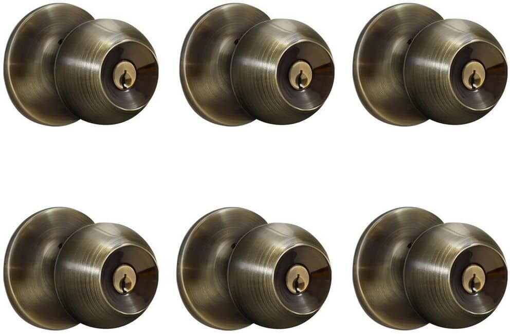 Premier Lock Antique Brass Entry Door Knob with 12 KW1 Keys (6-Pack, Keyed Alike)