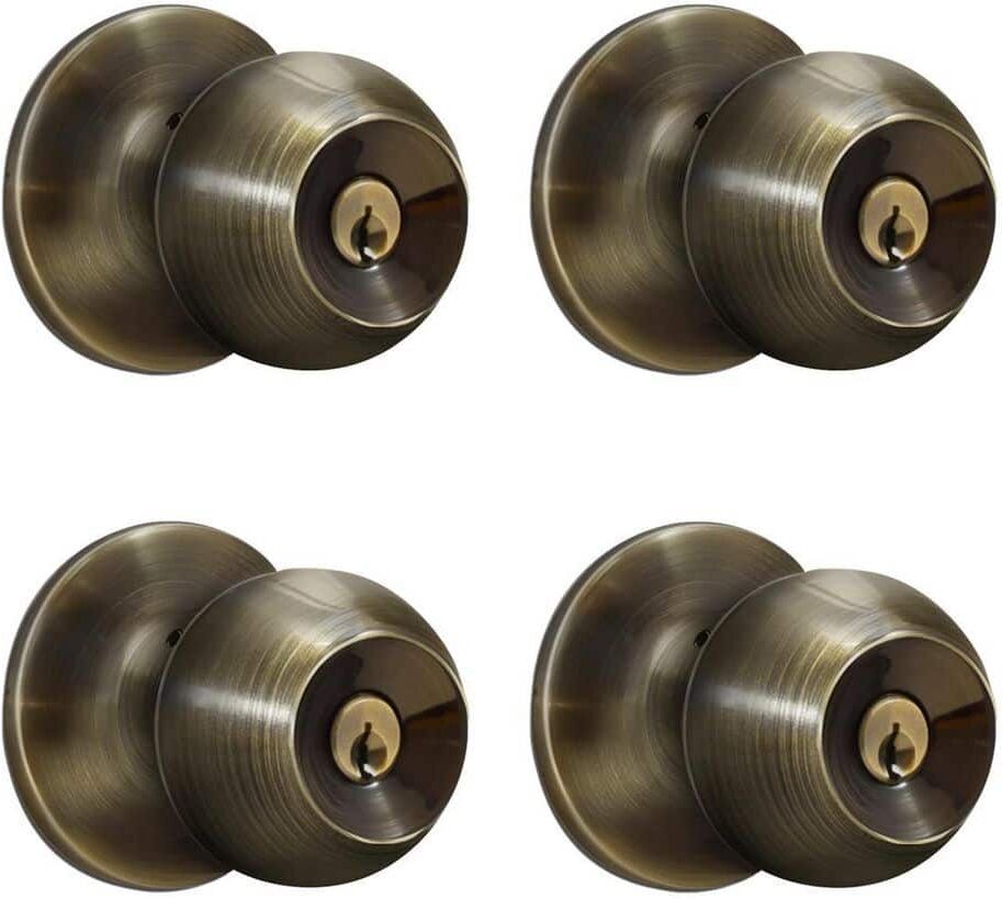 Premier Lock Antique Brass Entry Door Knob with 8 KW1 Keys Keyed Alike (4-Pack)