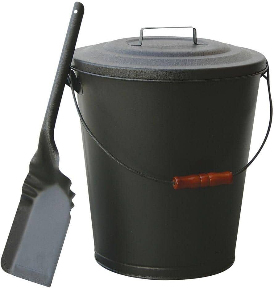 UniFlame Olde World Iron Finish Large Capacity Ash Bin with Lid and Shovel