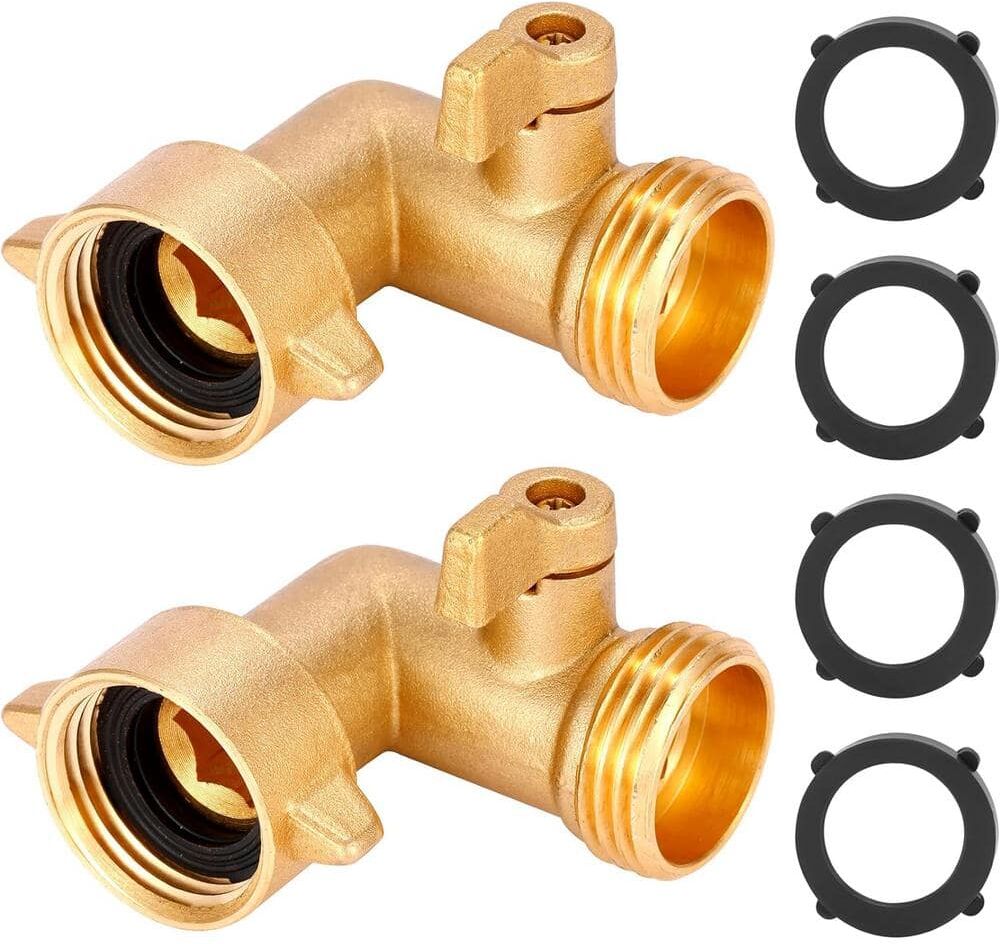 ITOPFOX 3/4 in. Solid Brass Gooseneck 90-Degree Garden Hose Adapter Connector Elbow with Shut Off Valve and 4 O-Rings (2-Pack)