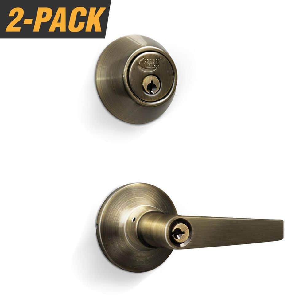 Premier Lock Antique Brass Entry Lock Set Door Lever Handle and Deadbolt Keyed Alike KW1 Keyway. 8 Total Keys, Keyed Alike by Set
