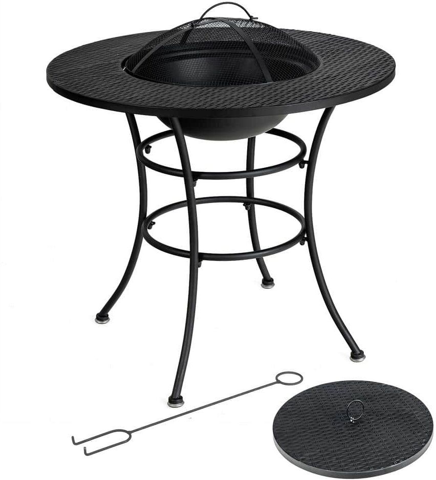 Gymax Black Patio Round Metal Fire Pit Dining Table Charcoal Wood Burning Cooking BBQ Grate