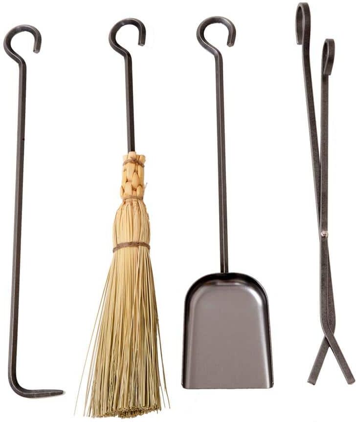 Enclume Handcrafted 4-Piece Long Fireplace Tool Set Without Stand Hammered Steel