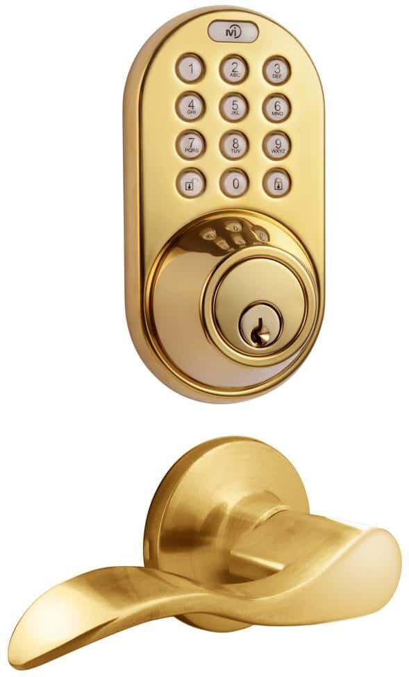 MiLocks Polished Brass Keyless Entry Deadbolt Lever Handleset Door Lock Combo with Remote Control and Electronic Digital Keypad