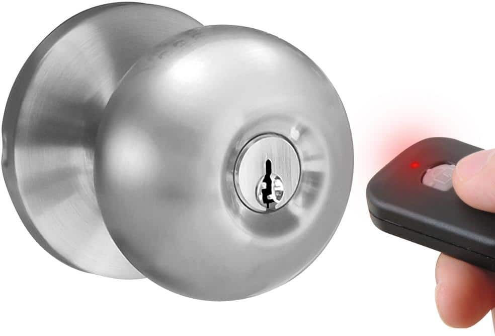 MiLocks Satin Nickle Single-Cylinder Electronic Door Knob with Keyless Entry via Remote Control for Exterior Doors