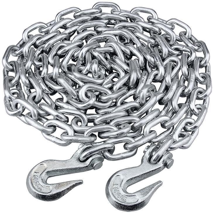 KingChain 3/8 in. x 16 ft. Grade 43 High-Test Tow Chain with 3/8 in. Clevis Grab Hooks Zinc Plated Storage Pail