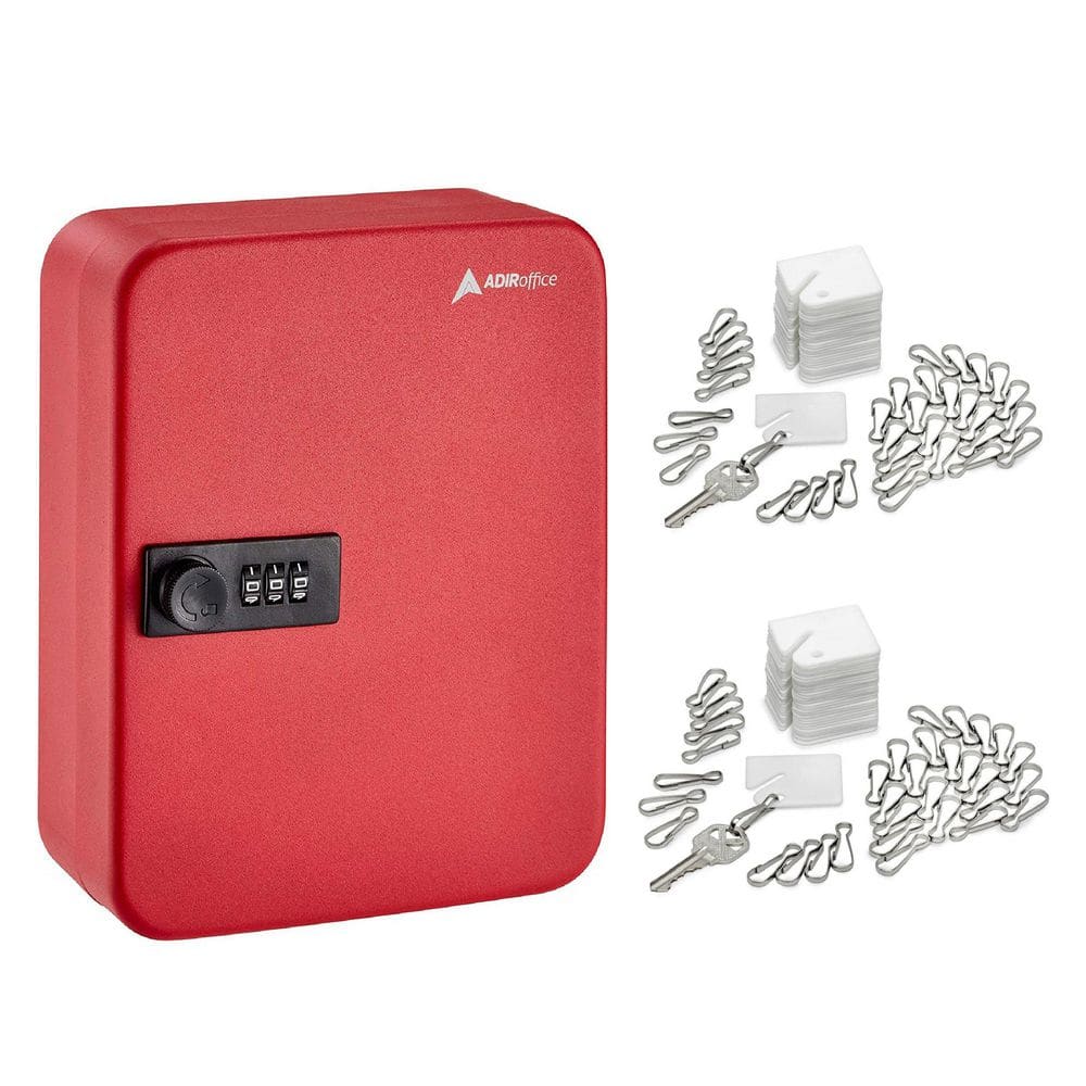 AdirOffice 30-Key Steel Heavy-Duty Safe Lock Box Key Cabinet with Combination Lock, Red with 100-Key Tags