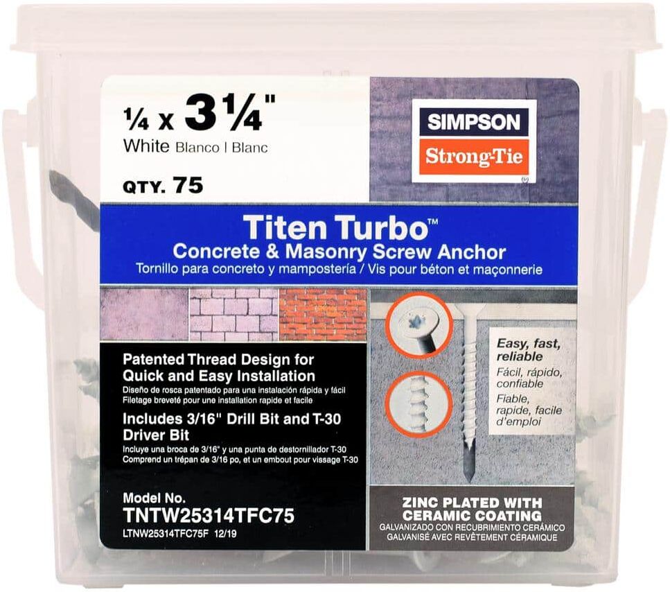 Simpson Strong-Tie Titen Turbo 1/4 in. x 3-1/4 in. 6-Lobe Flat-Head Concrete and Masonry Screw, White (75-Pack)