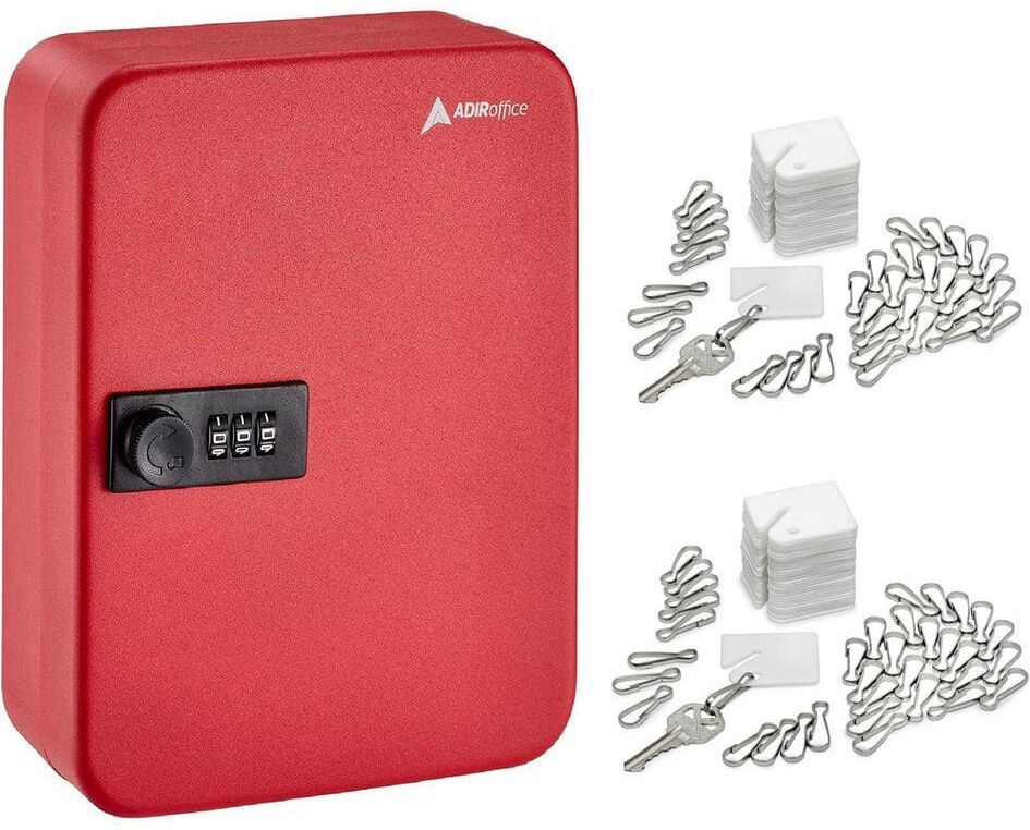 AdirOffice 48-Key Steel Heavy-Duty Safe Lock Box Key Cabinet with Combination Lock, Red with 100-Key Tags