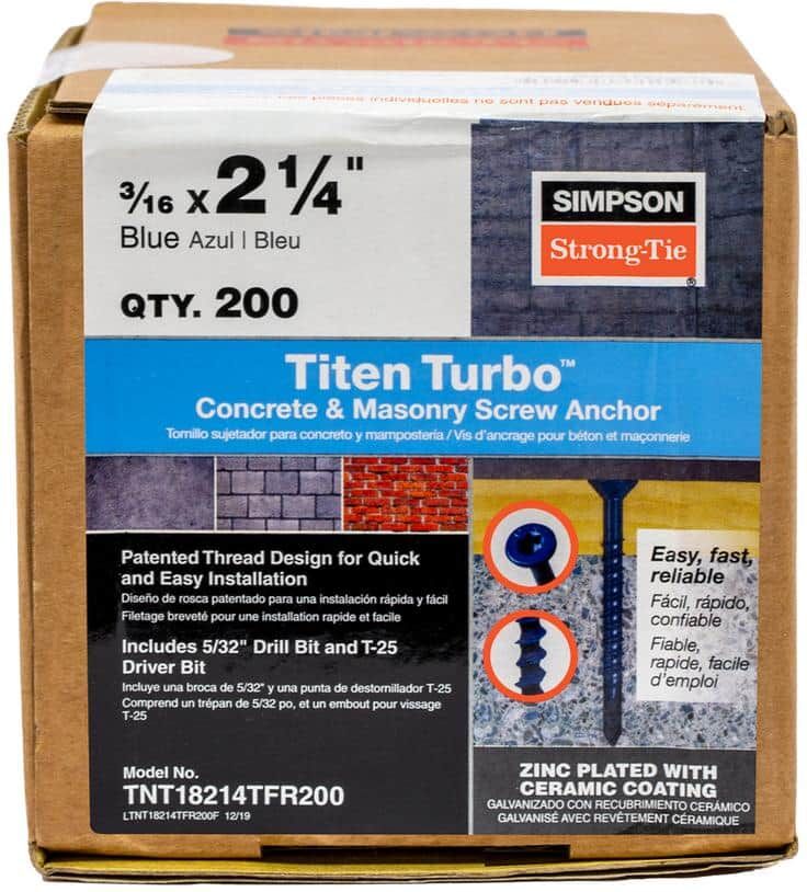 Simpson Strong-Tie Titen Turbo 3/16 in. x 2-1/4 in. 6-Lobe Flat-Head Concrete and Masonry Screw, Blue (200-Pack)