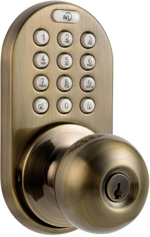 MiLocks Antique Brass Single-Cylinder Electronic Door Knob with Keyless Back-Lit Keypad Entry