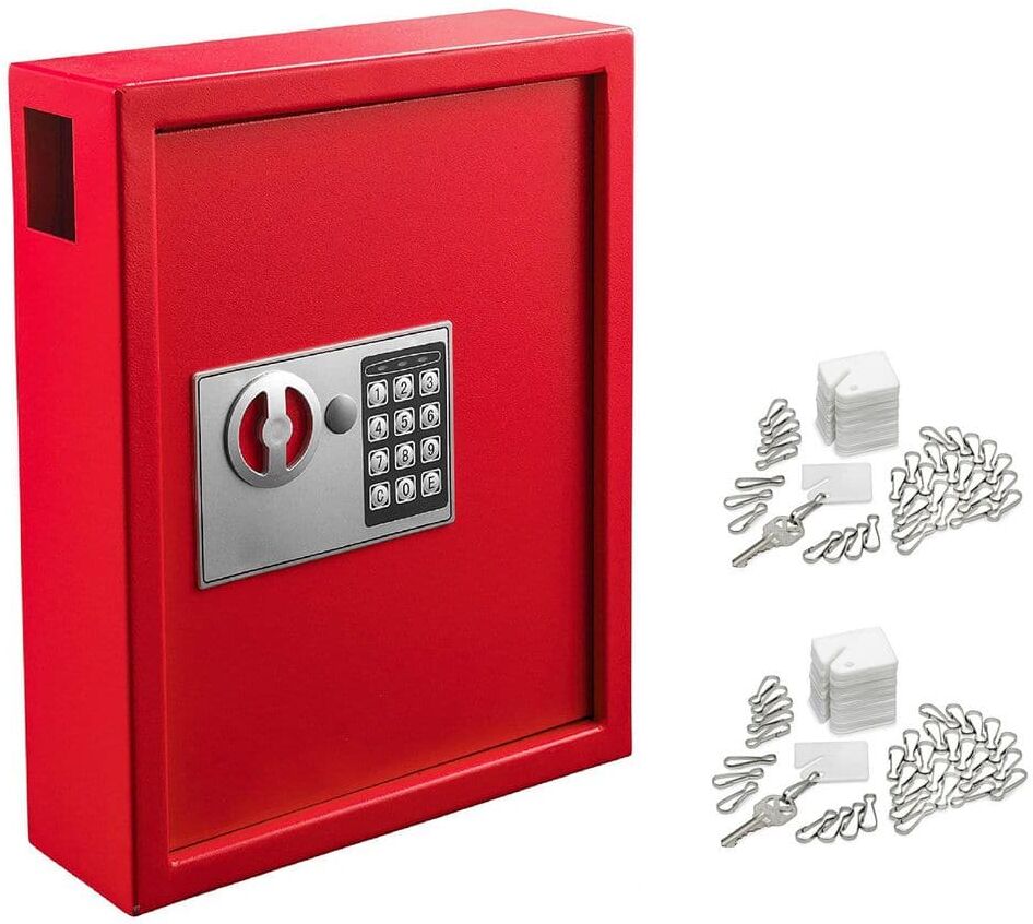 AdirOffice 40-Key Steel Heavy-Duty Safe Lock Box Key Cabinet with Digital Lock, Red with 100-Key Tags