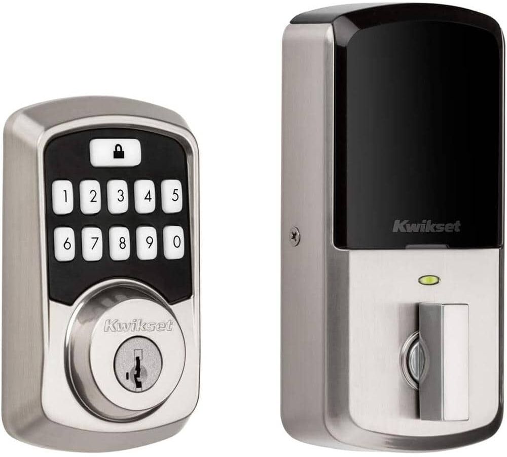 Kwikset Aura Satin Nickel Single Cylinder Electronic Bluetooth Keypad Smart Lock Deadbolt featuring SmartKey Security