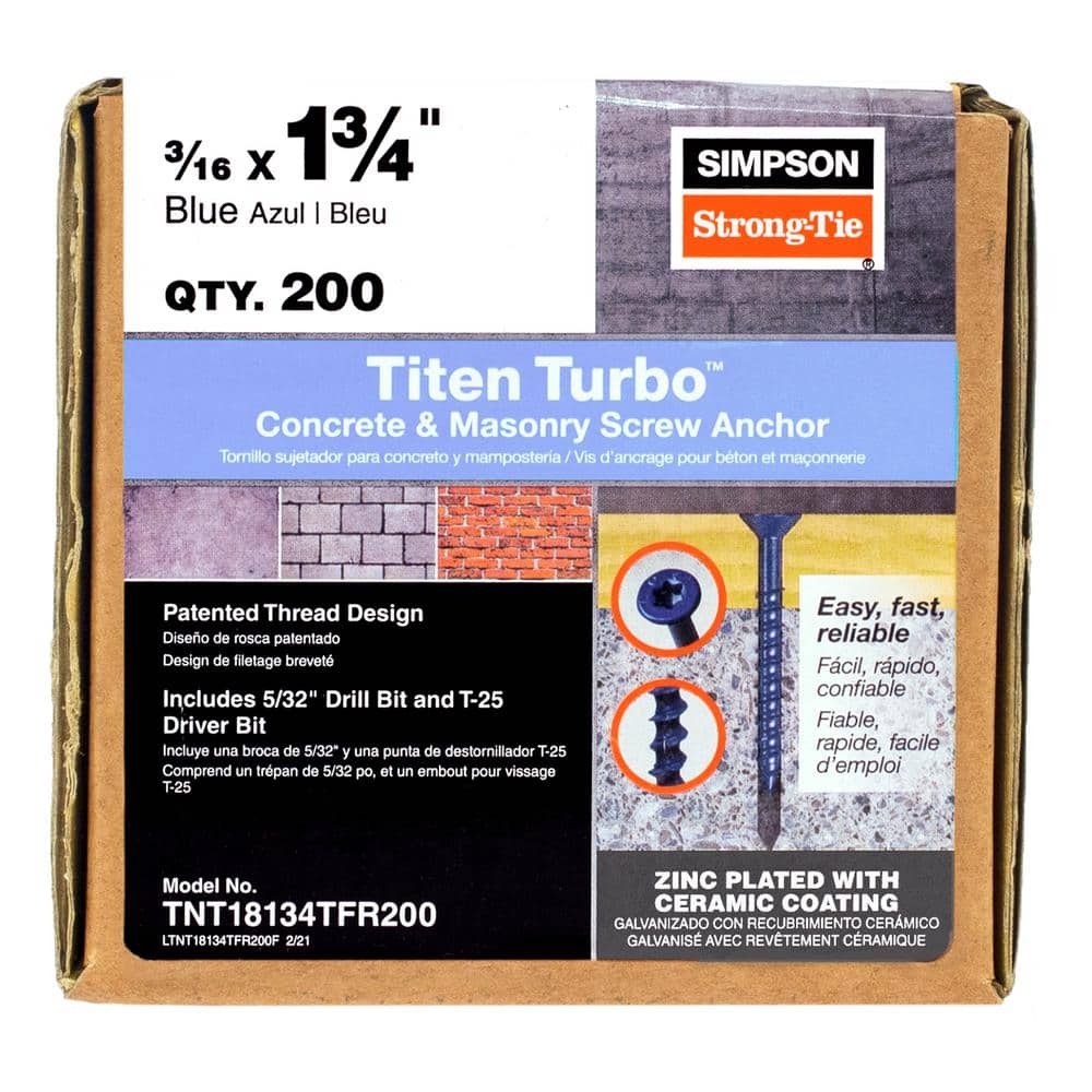 Simpson Strong-Tie Titen Turbo 3/16 in. x 1-3/4 in. 6-Lobe Flat-Head Concrete and Masonry Screw, Blue (200-Pack)