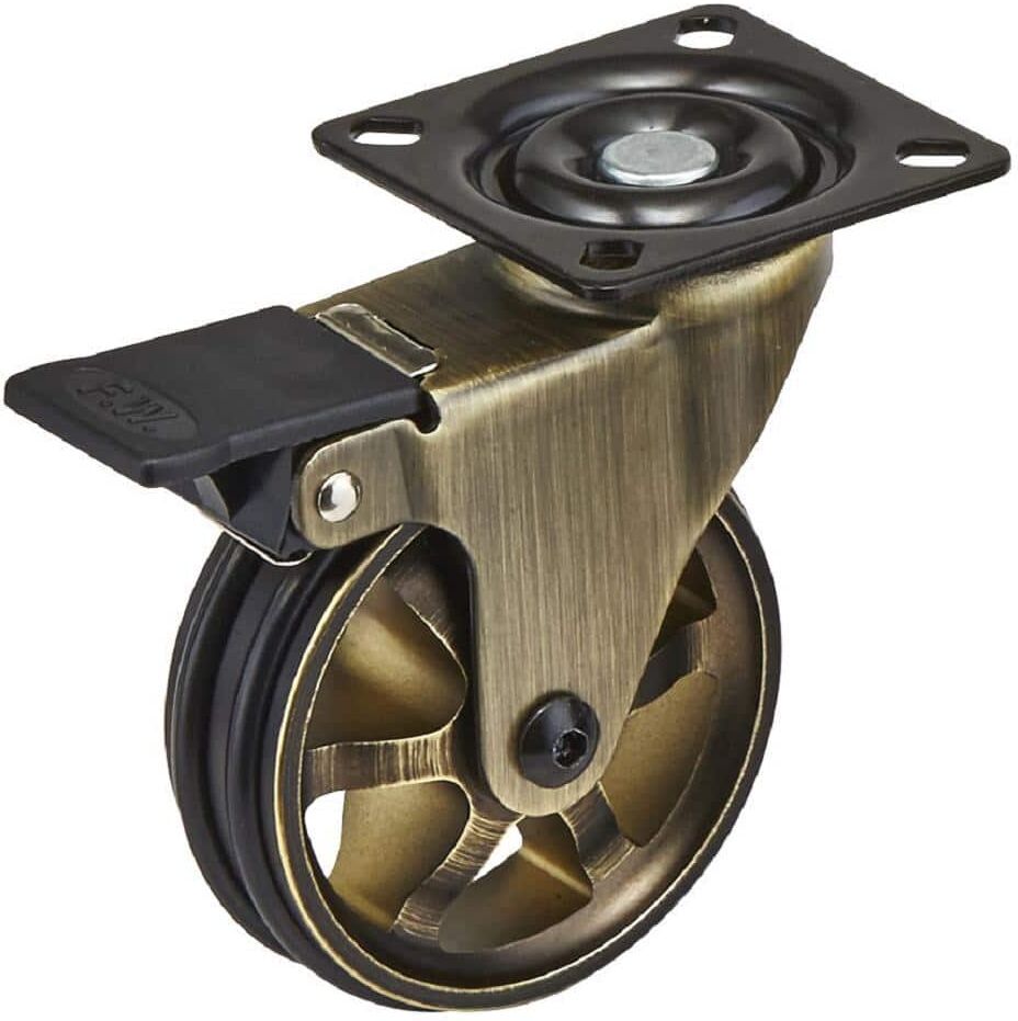 Richelieu Hardware 3-15/16 in. (100 mm) Rustic Brass Aluminum Vintage Braking Swivel Plate Caster with 132 lbs. Load Rating