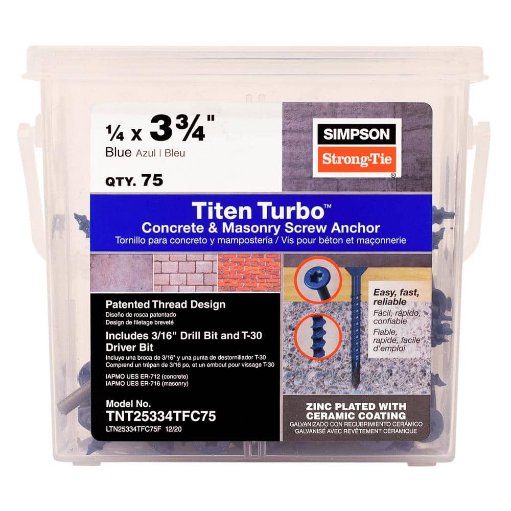 Simpson Strong-Tie Titen Turbo 1/4 in. x 3-3/4 in. 6-Lobe Flat-Head Concrete and Masonry Screw, Blue (75-Pack)