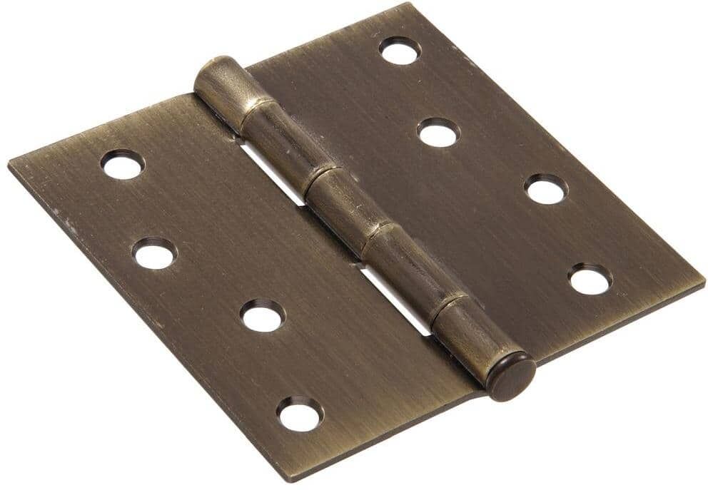 Hardware Essentials 4 in. Antique Brass Residential Door Hinge with Square Corner Removable Pin Full Mortise (9-Pack)