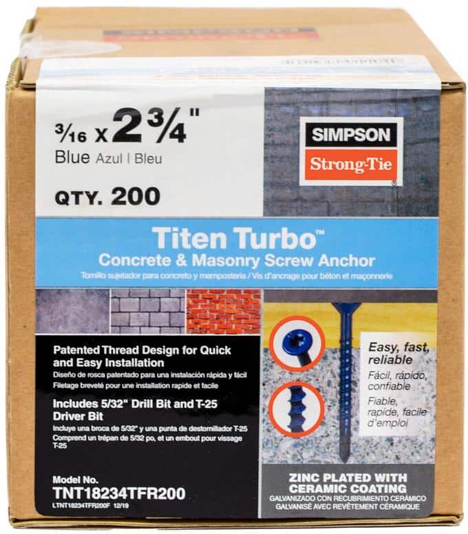 Simpson Strong-Tie Titen Turbo 3/16-in x 2-3/4-in 6-Lobe Flat-Head Concrete and Masonry Screw, Blue (200-Pack)