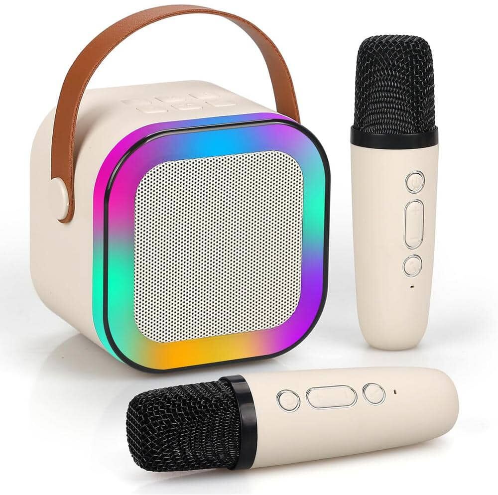 Etokfoks Mini Portable Blue-Tooth Karaoke Speaker White with 2 Wireless Microphones and Dynamic Lights for Kids Adults