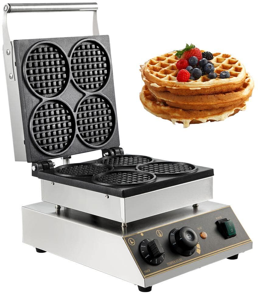 VEVOR 1750-Watt Commercial Round Waffle Maker 4-Waffle Stainless Steel Nonstick Electric Muffin Machine Belgian Waffle Maker