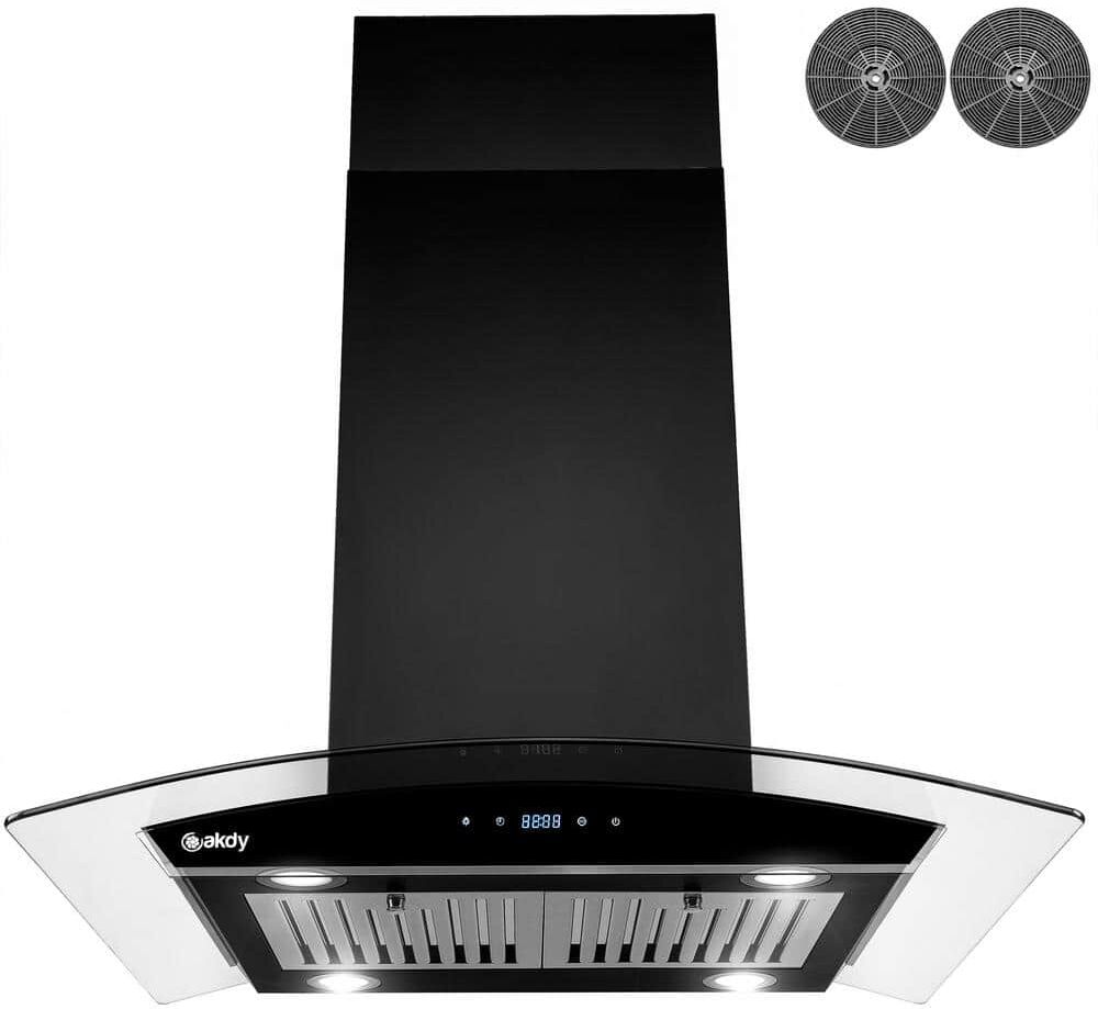 AKDY 30 in. 343 CFM Convertible Kitchen Island Mount Range Hood in Black Painted Stainless Steel with Tempered Glass