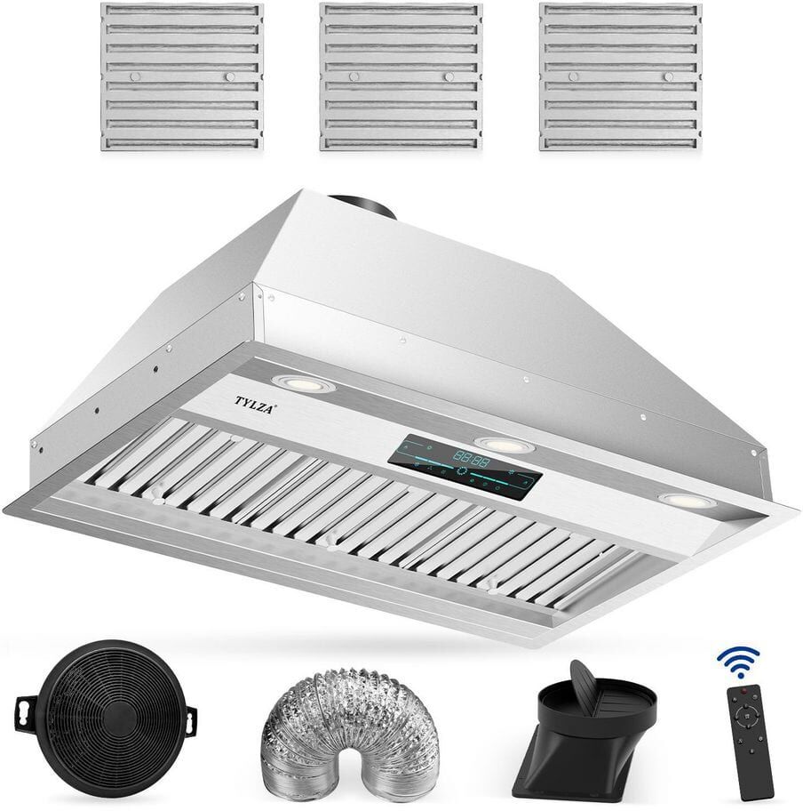 Tylza 30" 900 CFM Convertible Ductless to Ducted Insert Range Hood in Stainless Steel with Charcoal Filter and Exhaust Pipe