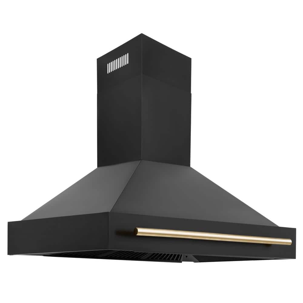 ZLINE Kitchen and Bath Autograph Edition 48 in. 700 CFM Ducted Vent Wall Mount Range Hood with Polished Gold Handle in Black Stainless Steel