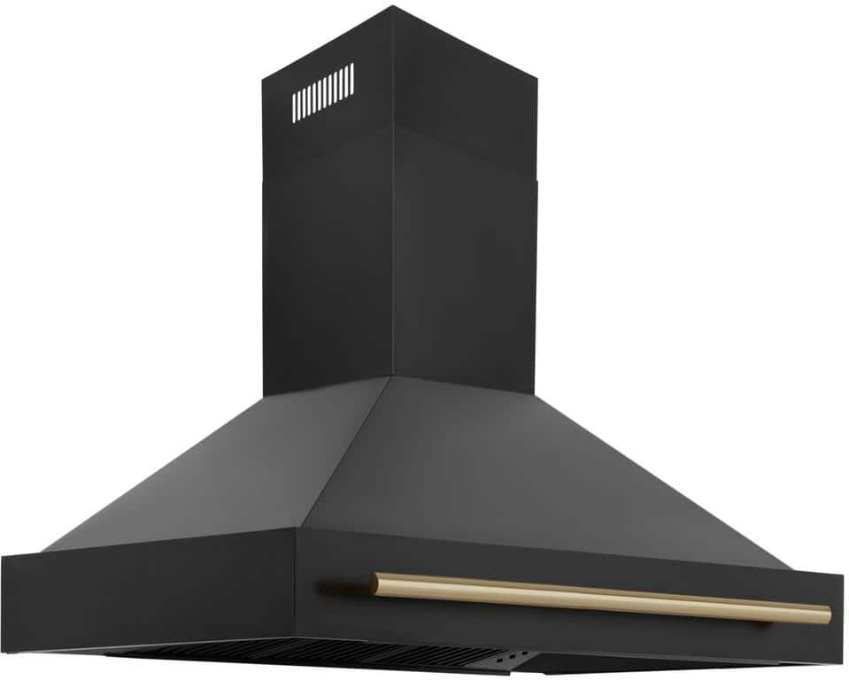 ZLINE Kitchen and Bath Autograph Edition 48 in. 700 CFM Ducted Vent Wall Mount Range Hood with Champagne Bronze Handle in Black Stainless Steel