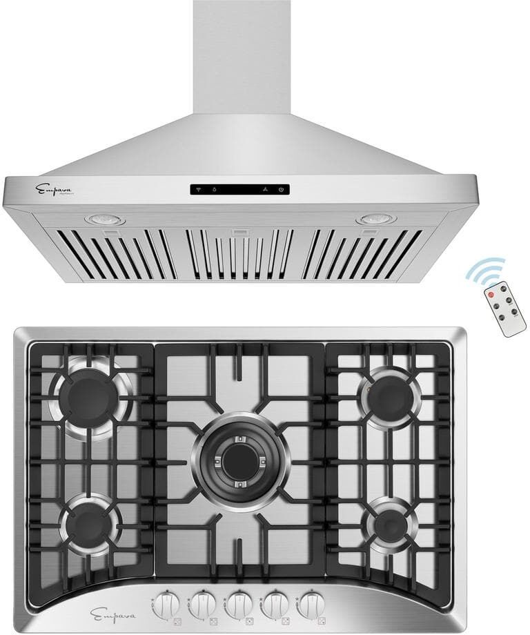 Empava 2-Piece Kitchen Package 30 in. Gas Cooktop in Stainless Steel with 5 of Burners and 30 in. Wall Mount Range Hood