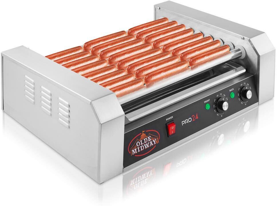 Olde Midway 24 Hot Dog Silver Stainless Steel Electric Hot Dog 5 Roller Indoor Grill Cooker Machine 1200-Watt